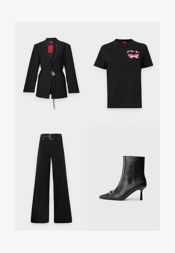 Juodas švarkas su prisiūtu dizainu, turintis diržą juosmens srityje ir sidabrinius apvalius elementus. Apima vieną krūtinės kišenę ir raudoną etiketę.; Juodas medvilnės marškinėliai su trumpomis rankovėmis, kuriuose kairėje krūtinės pusėje pavaizduoti rožiniai akinių grafiką ir tekstas "Ne tavo mergina".; Juodos plačios kojų kelnės, pagamintos iš medvilnės, su aukšta liemene, didelėmis šoninėmis kišenėmis ir diržu, papuoštu sidabriniais akcentais.; Juodas odinis apavas iki kulkšnies su smailiu nosiu, plonu vidutinio aukščio kulnu ir sidabriniu sagties akcentu šone, prieš paprastą foną.