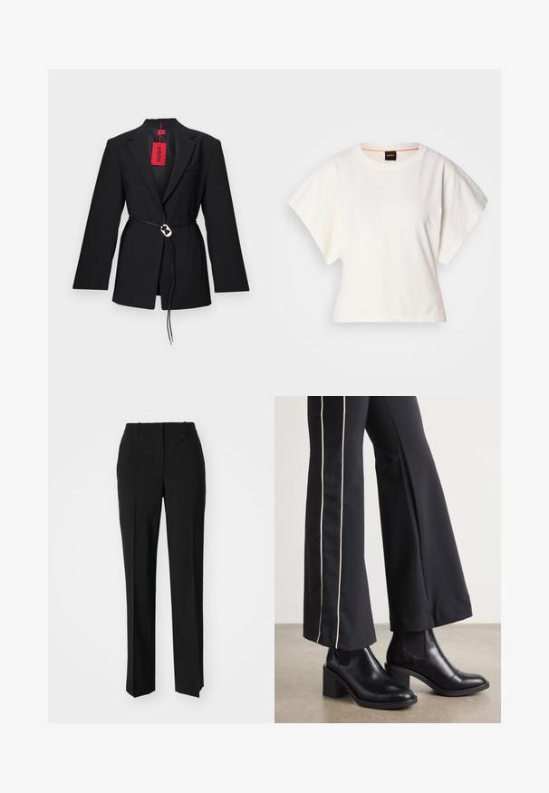 Black blazer with a fitted design, featuring a belted waist and silver circular hardware. Includes a single chest pocket and a red tag.; White cropped T-shirt, short wide sleeves, soft cotton material, round neckline with subtle orange trim, minimal design, no patterns or graphics.; Black tailored trousers with a straight-leg design, featuring a smooth texture and crisp creases along the front. No visible hardware.; Black leather ankle boots with a block heel, featuring elastic side panels. Paired with black pants that have a white side stripe.
