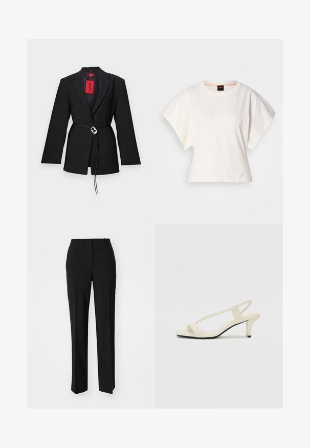 Blazer nero con un design aderente, caratterizzato da una vita cintata e una ferramenta circolare silver. Include una tasca sul petto e un'etichetta rossa.; T-shirt bianca cropped, maniche corte e larghe, tessuto di cotone morbido, scollatura rotonda con bordino arancione sottile, design minimale, senza motivi o grafiche.; Pantaloni neri su misura con un design a gamba dritta, caratterizzati da una texture liscia e pieghe ben definite sul davanti. Senza hardware visibile.; Sandali con tacco a blocco beige, con sottili cinturini e punta quadrata. Materiale liscio con dettagli minimi, progettati per un facile utilizzo.