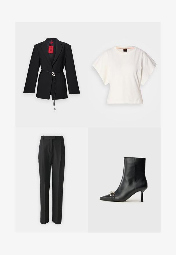 Blazer noir au design ajusté, avec une taille ceinturée et des accessoires circulaires en argent. Comprend une poche poitrine simple et une étiquette rouge.; T-shirt blanc cintré, manches courtes et larges, en coton doux, décolleté rond avec une discrète bordure orange, design minimaliste, sans motifs ni graphiques.; Pantalons noirs ajustés en tissu léger, avec une coupe droite, un devant plat et des passants de ceinture. Texture lisse sans motifs visibles.; Bottine en cuir noir avec un bout pointu, un talon moyen fin et un détail de boucle en argent sur le côté, se détachant sur un fond uni.