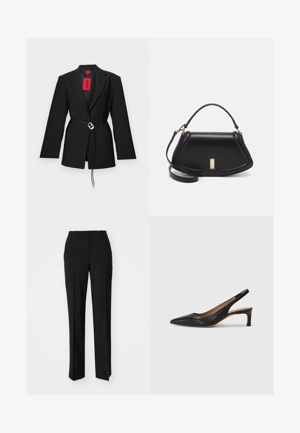 Black blazer with a fitted design, featuring a belted waist and silver circular hardware. Includes a single chest pocket and a red tag.; Black cotton t-shirt with a crew neckline, short sleeves, and an embroidered logo on the chest. Simple, relaxed fit with no patterns.; Black tailored trousers with a straight-leg design, featuring a smooth texture and crisp creases along the front. No visible hardware.; Black leather slingback pump with a pointed toe, low heel, and a smooth texture. Features a thin adjustable strap for a secure fit.; Black leather handbag with a structured design, featuring a cropped shape, top handle, and gold hardware accent. Adjustable shoulder strap included.