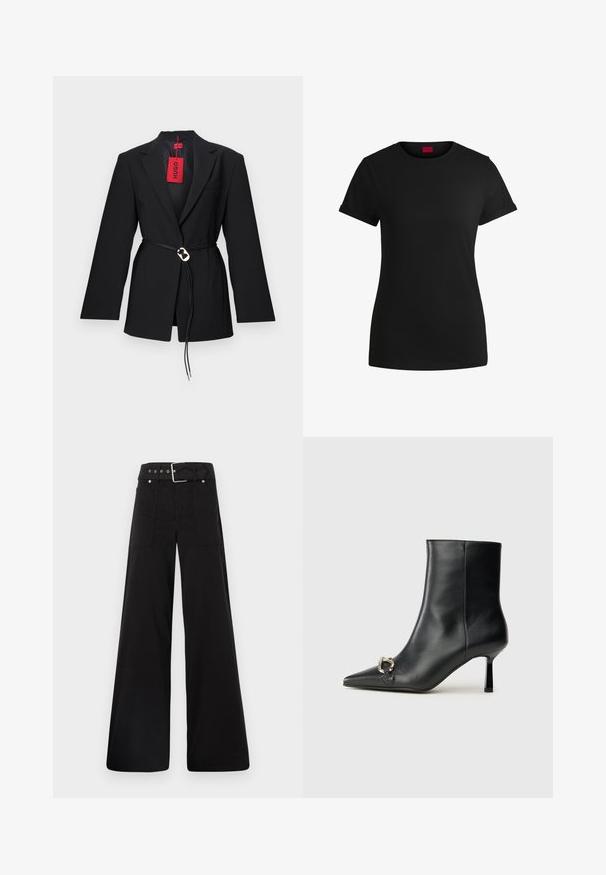 Svart kavaj med figursydd design, med ett bälte i midjan och silverfärgad cirkulär beslag. Inkluderar en enda bröstficka och en röd etikett.; Svart bomullströja med korta rullade ärmar, rund halsringning och en röd etikett. Slät textur, figursydd form med minimalt detaljer.; Svarta vida byxor i bomull med hög midja, stora sidofickor och bälte med silverdetaljer.; Svart läderankelboot med spetsig tå, smal medelhög klack och silverfärgad spänndetalj på sidan mot en enfärgad bakgrund.