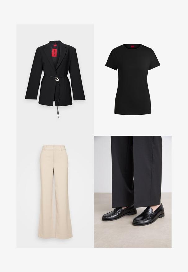 Black blazer with a fitted design, featuring a belted waist and silver circular hardware. Includes a single chest pocket and a red tag.; Black cotton t-shirt with short rolled sleeves, a round neckline, and a red label. Smooth texture, fitted shape with minimal detailing.; Beige wide-leg trousers with a smooth texture, featuring a high waistband and two front pockets. Clean design with a tailored fit.; Black leather loafers with a smooth finish, stitched detailing around the toe, and a low rubber sole. Paired with wide black trousers.