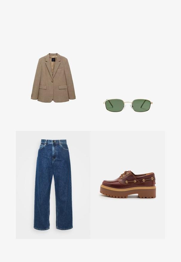 Brun houndstooth-mönstrad kavaj med notch-lapel, enfaldig knappstängning, två framsidor fickor och ljusbrun foder.; Vit långärmad blus i slät tyg, med en knytning vid halsen och skräddarsydda manschetter. Enkel, klassisk design utan mönster.; Ljusblå denim byxor med vida ben och hög midja, synlig sömnad och standardfickor. Har en knapp- och dragkedjestängning.; Brun läderskärgårdssko med en kraftig brun gummisula, guldfärgad ögla och kontrasterande sömmar. Har en logotyp på sidan.; Sunglasses med en guldig metallram, gröna linser, rektangulär form och klara plast näskuddar. Tunn, slank båge med minimal design.; Burgunderfärgad läderhandväska med en böjd form, guldhardware och en strukturerad yta. Har ett dragkedjestängning och justerbar rem.