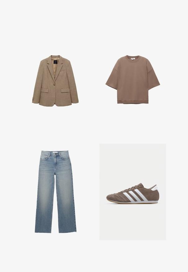 Brązowy żakiet w wzór houndstooth z zaokrąglonym klapem, pojedynczym zapięciem na guzik, dwoma przednimi kieszeniami i jasnobeżową podszewką.; Brązowy, oversize T-shirt, krótki rękaw, okrągły dekolt, wykonany z miękkiego materiału bawełnianego, charakteryzujący się prostym wzornictwem i minimalną ilością szwów.; Jasnoniebieskie jeansy o szerokich nogawkach, wykonane z dżinsu, z wysokim stanem, kieszeniami z przodu i zapięciem na guzik. Gładka tekstura z wyblakłymi miejscami.; Brązowy zamszowy but sportowy z białymi paskami, okrągłym noskiem, sznurowanym zapięciem i podeszwą z gumy. Teksturowana cholewka z detalami przeszycia.