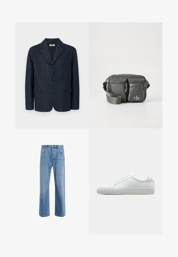 DRYKORN SAMICO granatowy; Koszula z długim rękawem o stójce w jasnokremowym kolorze, wykonana z bawełny. Gładka tekstura, luźny krój, minimalistyczny design, bez widocznych wzorów i akcentów.; Jasnoniebieskie dżinsy o prostym kroju, pięć kieszeni, zapięcie na guzik, minimalne blaknięcia i kontrastowe wykończenia szwów.; Białe sneakersy z gładką skórzaną cholewką i niskim profilem. Posiadają okrągły nos, sześć dziurek na sznurówki oraz teksturowaną gumową podeszwę.; Szara nylonowa torba na ramię z dwoma zapinanymi na zamek przednimi kieszeniami, regulowanym paskiem i akcentem z logo. Gładka powierzchnia o nowoczesnym wzornictwie.