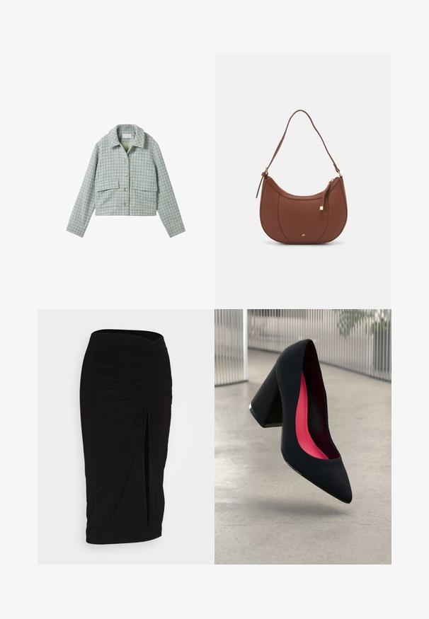 TOM TAILOR Gilet - green boucle design; Débardeur noir à côtes avec une bordure en dentelle festonnée à l'ourlet. Présente des bretelles fines et une coupe ajustée. Fabriqué en tissu extensible.; Jupe crayon noire froncée avec détail à nouer et fente latérale. Fabriquée à partir d'un tissu extensible, elle présente une texture lisse et une coupe ajustée.; Chaussure à talon noir avec un bout pointu, surface texturée et un intérieur rose vif. Dotée d'un talon épais avec un accent en argent.; Sac à épaule en faux cuir brun, de forme arrondie, avec des coutures minimales et un accent en matériel doré. Il possède une fermeture zippée sur le dessus et une sangle réglable.