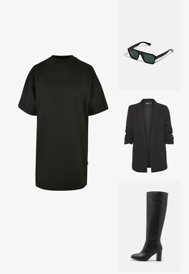 Melna žakete ar sarullētām piedurknēm, izgatavota no gludas auduma. Ievērojama ar pieguļošu formu, vienu pogu priekšpusē un divām sānu kabatām.; Melnā kokvilnas T-kreklā ar apaļu izgriezumu un īsām piedurknēm. Brīva piegriezuma, vienkāršs dizains bez redzamām rakstainām vai akcentiem.; Melni ceļgala zābaki, izgatavoti no gludas ādas, ar masīlu papēdi un noapaļotu purngalu. Minimalistisks dizains bez redzamām detaļām vai rotājumiem.; Melni taisnstūra saulesbrilles ar zaļiem stikliem. Izgatavotas no plastmasas ar oktagonālu formu un gludu apdari. Sānos redzama Ray-Ban zīmola nosaukums.