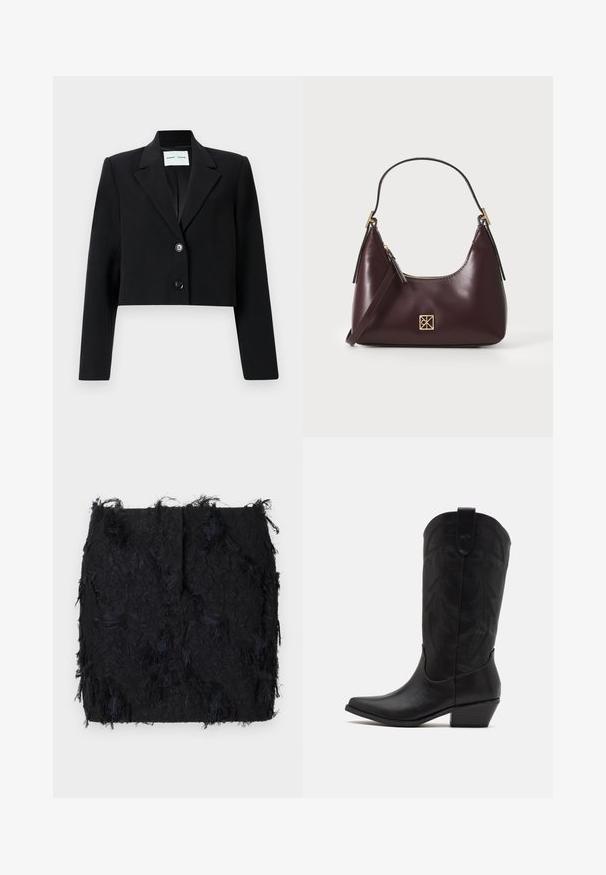 Lühike must bleiser, mis on valmistatud siledast kangast. Omab nurgelisi krae, ühte nuppu ja pikki varrukaid. Minimalistlik disain.; Kaks õlavarteta ribakudumist turtleneck'i topi pruunis ja mustas värvitoonis, esitatud ühelaval valgel taustal.; Must mustriga seelik, millel on kihiline frantsiisidisain ja veidi ebaregulaarne serv, valmistatud kergest kangast.; Mustvalge nahkne cowboy saabas terava varbaga, madala kuhjatud kontsaga ning keeruka reljeefse lehemustriga säär. Üleval servas silmus mugavaks selga panemiseks.; Burgundi värvi nahast käekott, millel on kumer kuju, kuldsed aksessuaarid ja lukuga sulgemine. Omab eemaldatavat õlarihma.