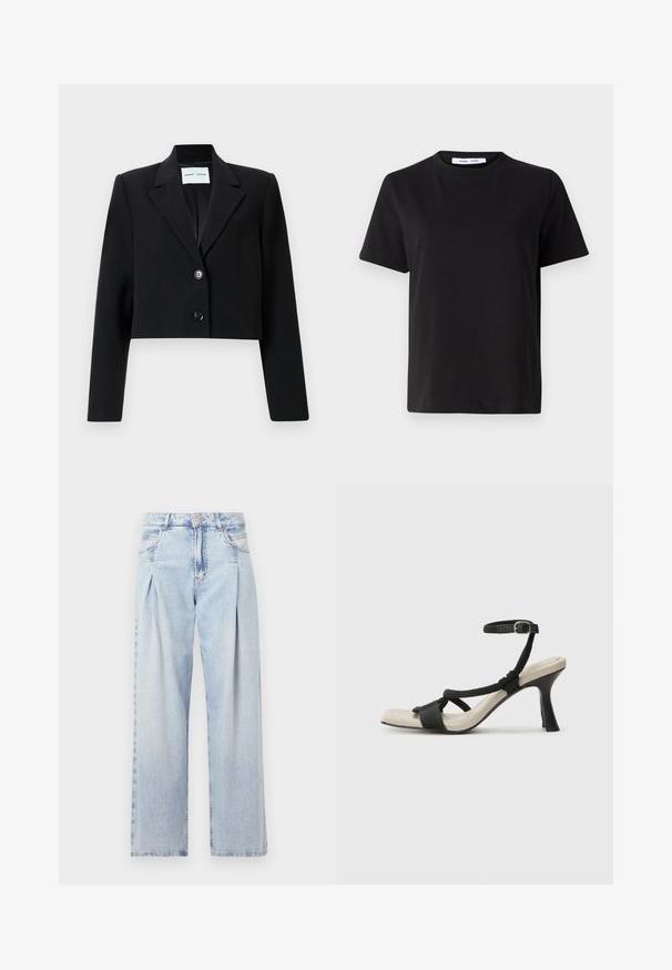 Lyhyt musta bleiseri, joka on valmistettu sileästä kankaasta. Varustettu leikatuilla kauluksilla, yksittäisellä napin kiinnityksellä ja pitkillä hihoilla. Minimalistinen muotoilu.; Musta lyhythihainen t-paita, joka on valmistettu pehmeästä puuvillasta. Paitassa on pyöreä kaula-aukko, rento malli ja sileä pinta. Ei näkyviä kuvioita tai graafisia elementtejä.; Vaaleansiniset farkut, joissa on korkea vyötärö, leveälahkeinen leikkaus, kaksi sivutaskua ja pleatattu muotoilu. Pehmeä rakenne, jossa on haalistunut viimeistely.; Mustat korkokengät, joissa on punottuolkaiminen design, neliömäinen kärki ja säädettävä nilkkahihna. Vaaleanbeige jalkapohja ja kiiltävä musta korko.