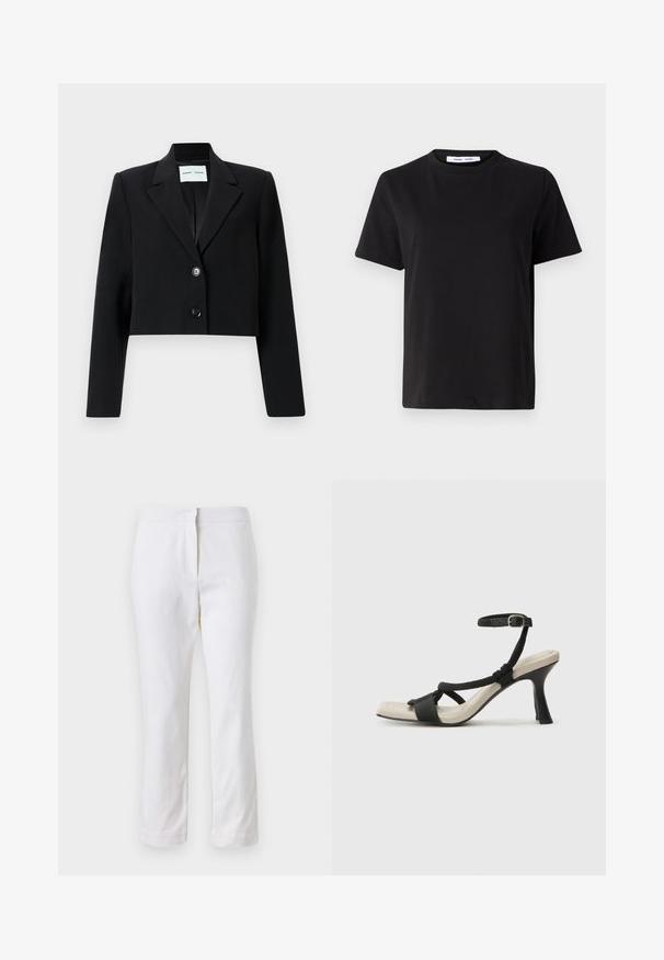 Lühike must bleiser, mis on valmistatud siledast kangast. Omab nurgelisi krae, ühte nuppu ja pikki varrukaid. Minimalistlik disain.; Must have lühikeste varrukatega t-särk, mis on valmistatud pehmest puuvillast, ümmarguse kaelusega, lõdva sobivusega ja sileda tekstuuriga. Ei ole nähtavaid mustreid ega graafikat.; Valged puuvillased püksid sirge lõikega, keskmise kõrgusega vöökoht ja ilma nähtavate detailide või mustriteta. Ühtlane sile tekstuur.; Mustad musta kontsaga sandaal, millel on punutud rihma disain, ruudukujuline varvas ja reguleeritav pahkluu rihm. Heleda beeži värvi jalapadi ja läikiv must konts.