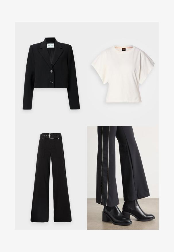 Geknipte zwarte blazer van gladde stof. Voorzien van een getailleerde kraag, sluiting met één knoop en lange mouwen. Minimalistisch ontwerp.; Witte gecropte T-shirt, korte brede mouwen, zachte katoenmaterialen, ronde halslijn met subtiele oranje rand, minimalistisch ontwerp, geen patronen of graphics.; Zwarte wijde broek van katoen, met een hoge taille, grote zijzakken en een ceintuur met zilverkleurige accenten.; Zwarte leren enkellaarzen met een blokhak, voorzien van elastische zijpanelen. Gecombineerd met zwarte broeken met een witte zijstreep.