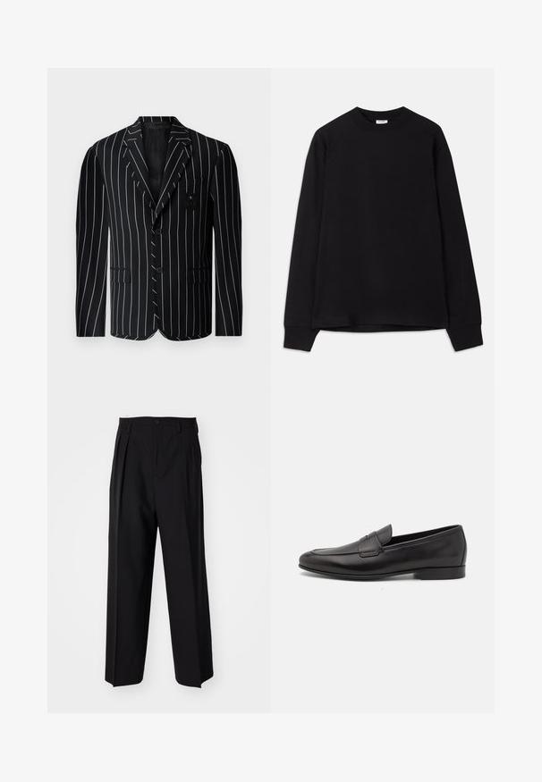 Crni sako s prugastim uzorkom koji se ističe jednim kopčanjem, oštrim reverima, dva prednja džepa i dekorativnom značkom na prsima.; Crna dugorukava majica od mekog pamuka. Ima okrugli izrez, širok kroj i rebraste manšete. Nema vidljivih uzoraka ni logotipa.; Crne plisirane hlače s ravnim širokim nogavicama. Izrađene od glatkog materijala, s dugmadi za zatvaranje i petljama za remen.; Crne kožne muške mokasine s niskom petom i klasičnim dizajnom trake za novčiće, prikazane u bočnom profilu na bijeloj pozadini.