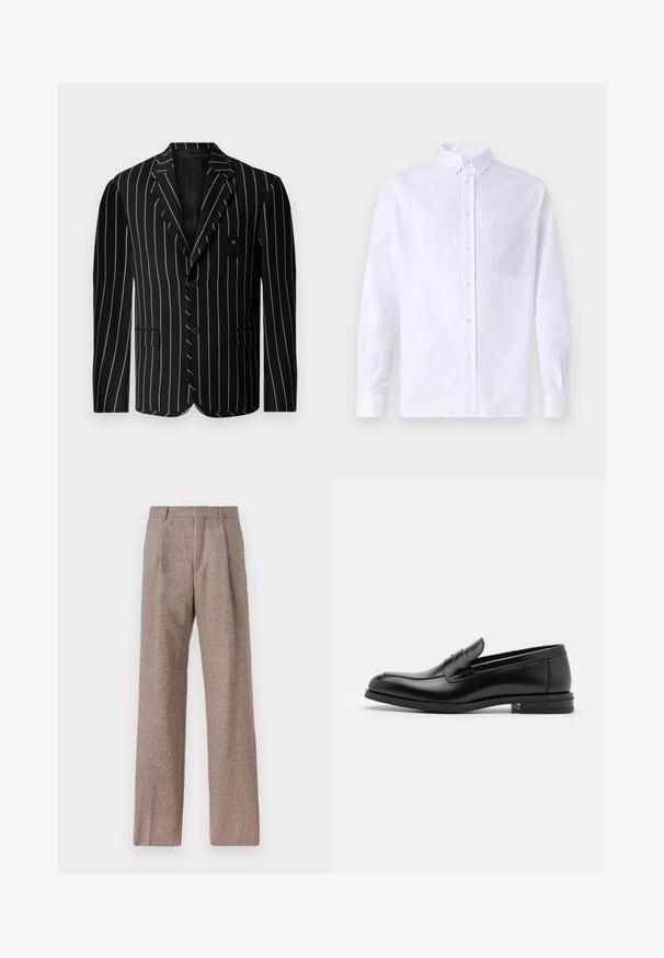 Black pinstriped blazer featuring a single-breasted design, peaked lapels, two front pockets, and a decorative patch on the chest.; White long-sleeve button-up shirt made of cotton, featuring a chest pocket with tonal embroidery, a collar, and button cuffs.; Brown, high-waisted trousers made of textured fabric. Features wide legs and two front pleats for structure. Neat finish with no visible hardware.; Black leather loafers with a smooth texture, rounded toe, and a decorative strap across the vamp. Low stacked heel, minimalist design.