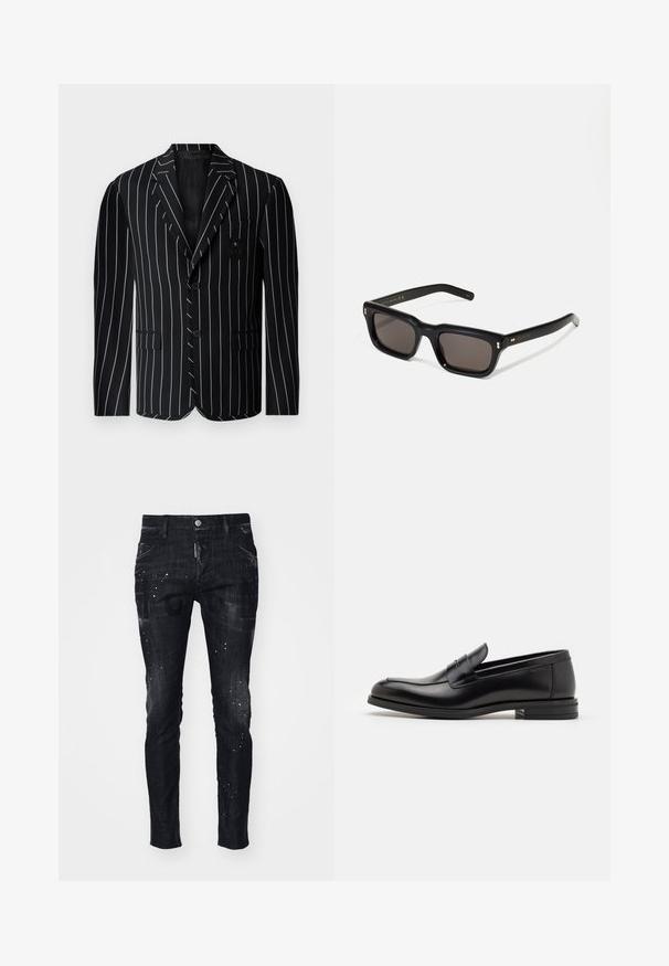 Crni sako s prugastim uzorkom koji se ističe jednim kopčanjem, oštrim reverima, dva prednja džepa i dekorativnom značkom na prsima.; Bijela pamučna bezrukavna majica s okruglim izrezom, s glatkom teksturom i prilagođenim oblikom, dizajnirana za ležerno nošenje.; Crne traperice od denima s uskim krojem, izlizanim teksturom, naglascima od boje u mrljama i odvažnim grafičkim printovima sprijeda.; Crni kožni mokasini s glatkom teksturom, zaobljenim prstima i ukrasnom trakom preko prednjeg dijela. Niski slojeviti potplat, minimalistički dizajn.; Crne pravokutne sunčane naočale s tamnim lećama, debelim plastičnim okvirom, zlatnim akcentima na sljepoočnicama i logotipom marke ugraviranim na dršku.