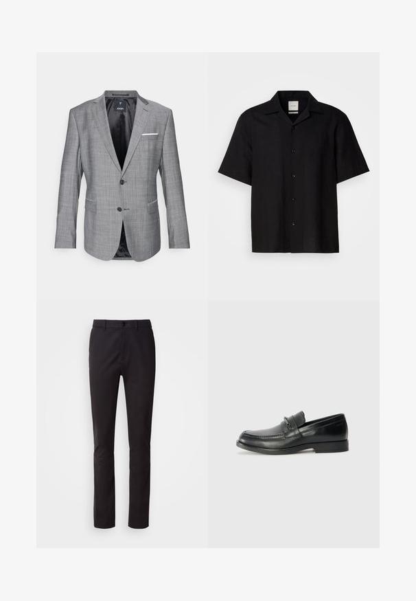 Grå blazer med teksturert overflate, enkelt knappelukking og to frontlommer. Har en hvit lommetørkle som accent og svart foring.; Svart kortermet skjorte laget av linstoff, med knappelukking foran, spiss krage og glatt tekstur. Ingen fremtredende mønstre eller detaljer.; Sorte bukser laget av glatt stoff, med knappelukking, standard liv og rett ben. Ingen synlige mønstre eller dekorasjoner.; Sorte skinnloafers med rund tå, med en sydd design, en liten frontrem med detaljer i metall, og såle i gummi som er flat.