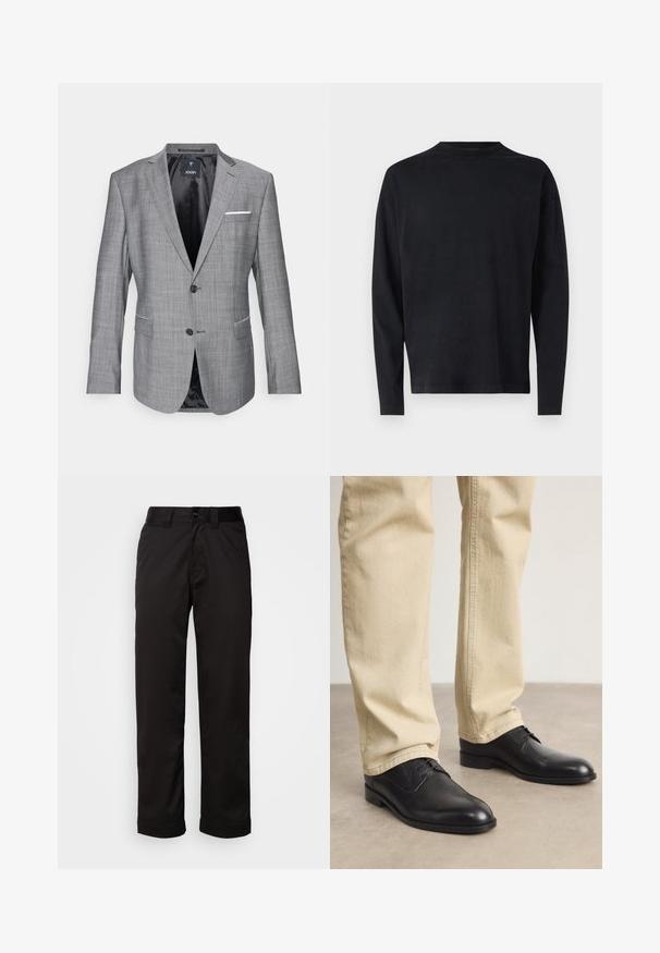 Sacou gri cu un finisaj texturat, închidere cu un singur nasture și două buzunare frontale. Dispune de un accent cu batista albă la buzunar și căptușeală neagră.; Cămașă neagră cu mâneci lungi, dintr-un material moale. Are un guler de tip crew și umeri căzuți. Textură netedă, fără modele vizibile.; Pantaloni negri dintr-un material neted, cu fermoar la brâu, închidere cu nasture și mansete rulate pentru un design casual.; Pantofi din piele neagră, cu șireturi, vârf rotund, finisaj neted și detalii de broderie subtile, purtați cu pantaloni bej deschis.