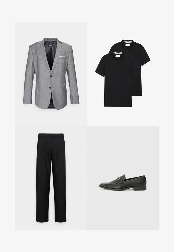 Sivina blazer z teksturirano površino, enojnim gumbom in dvema sprednjima žepoma. Ima dodatek bele robčke in črno podlogo.; Dve črne polo majice, kratke rokave, iz bombažnega materiala, z klasik ovratnikom, dvobodno zaponko in belimi črtkami znotraj ovratnika.; Črne hlače iz gladkega materiala, s krojem ravne noge, dvema sprednjima pregiboma in standardnim pasom z zankami za pas.; Črni usnjeni loafer z gladko površino, ki ima šivano zasnovo in dekorativni kovinski verižni naglas preko vampirja. Ravno peto.