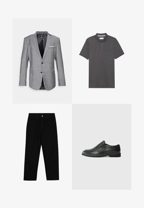 Šedý blazer s texturovaným povrchem, na jedno tlačítko, a s dvěma předními kapsami. Obsahuje bílou kapesníčkovou ozdobu a černou podšívku.; Tmavě šedé polo tričko vyrobené z bavlny, se límečkem, tříknoflíkovou légou a krátkými rukávy s jemnou texturou.; Černé džíny s rovně střiženými nohavicemi, designem pěti kapes a předním zapínáním na knoflík. Hladký povrch s minimem švových detailů.; Černá kožená nazouvací bota s hladkým svrškem, prošívanými detaily, zaoblenou špičkou a nízkým gumovým podpatkem. Podešev má minimální vzorek.