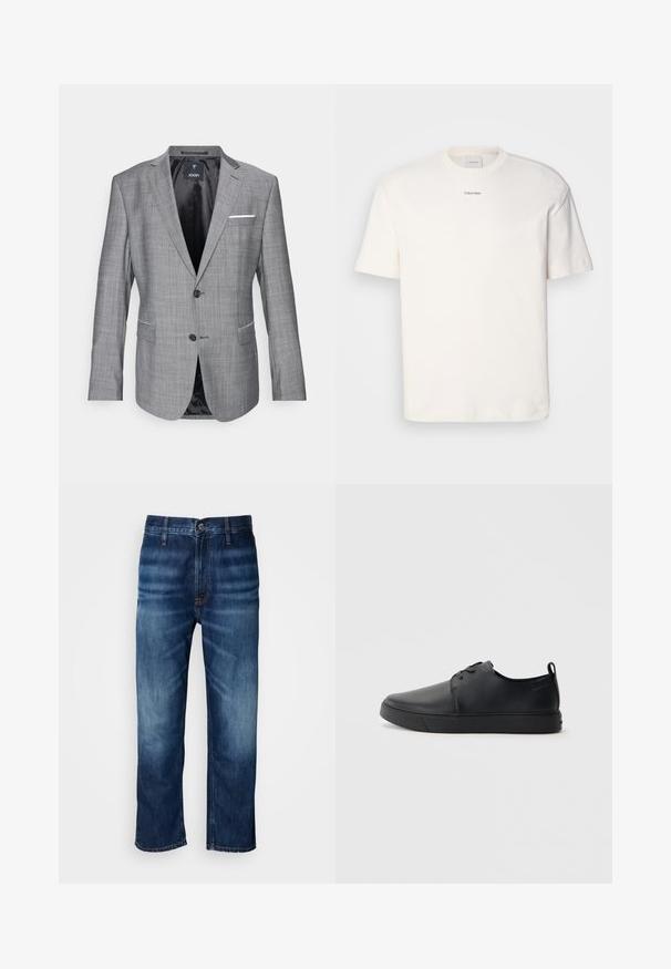 Szary żakiet o teksturowanym wykończeniu, z pojedynczym zapięciem na guzik i dwoma przednimi kieszeniami. Posiada akcent białej poszetki i czarne podszycie.; Biała bawełniana koszulka z okrągłym dekoltem, krótkimi rękawami i haftowanym logo "Calvin Klein" na środku klatki piersiowej. Prosty wzór.; Granatowe dżinsy o prostych nogawkach z delikatnym wyblaknięciem na udach i zapięciem na guzik w pasie, zaprezentowane na białym tle.; Czarne skórzane sneakersy o gładkim wykończeniu, zaokrąglonym nosku, tonalnym przeszyciu, sznurowanym przodzie oraz płaskiej gumowej podeszwie. Pętla na pięcie.