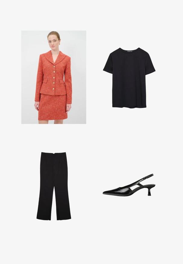 Czerwona tweedowa kurtka z dużym kołnierzem, złotymi guzikami i dwiema przednimi kieszeniami, zestawiona z dopasowaną spódnicą. Teksturowany materiał z pastelowymi drobinkami.; Prosta, krótko rękawowa czarna koszulka bawełniana z okrągłym dekoltem, prezentowana na białym tle.; Czarne spodnie o prostym kroju, z przednimi kieszeniami i bocznymi rozcięciami na dole. Wykonane z miękkiego, gładkiego materiału. Odpowiednie na różne okazje.; Czarne lakierowane czółenka na odkrytej pięcie z wąskim noskiem, z wykrojem po bokach i małym kwadratowym obcasem. Gładka faktura z minimalnymi akcentami.