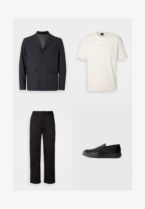 Ciemnoniebieska kurtka wykonana z lekkiego materiału, z wyłamanym kołnierzem, pięcioma guzikami z przodu oraz dwiema przednimi kieszeniami o gładkiej strukturze.; BOSS - T-shirt basic; Czarne spodnie wykonane z gładkiego materiału, z zamkiem błyskawicznym, zapięciem na guzik oraz podwiniętymi mankietami, co nadaje im casualowy charakter.; Calvin Klein HYBRID CUP czarny