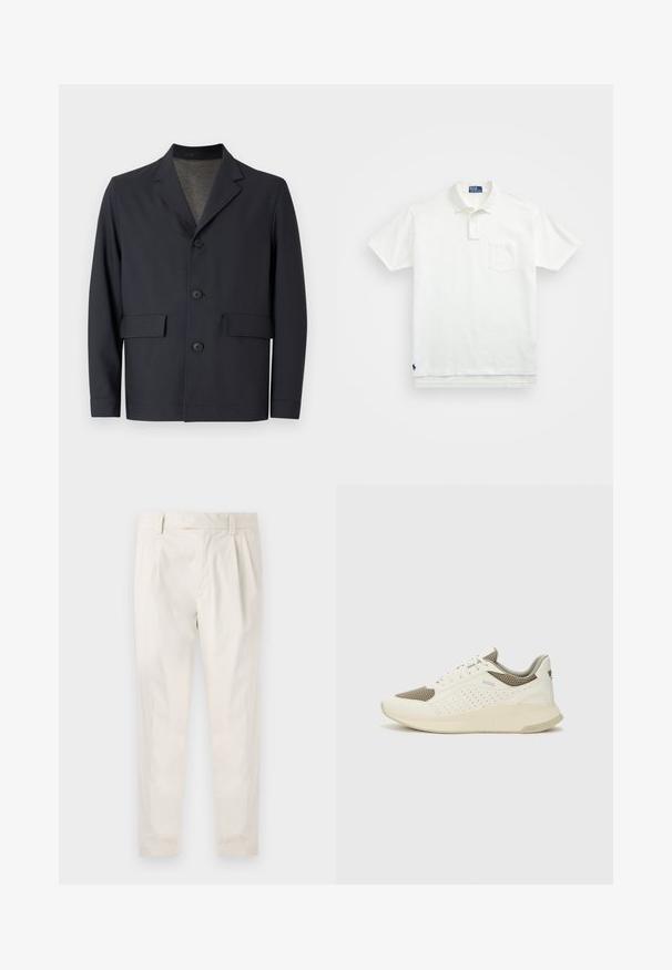 Tume tumesinine jakk, mis on valmistatud kergetest materjalidest, millel on läikelapiga kaelus, viie nööbiga esiosa ja kaks esikülje taskut, millel on sile tekstuur.; Valge polo särk, mis on valmistatud puuvillast, klassikalise kraega, kolme nööbiga kinnitusega ja vasakul rinnal taskuga; väike logo helmel.; Valged volditud püksid, mis on kohandatud sobivusega, sujuva tekstuuriga, vööloopidega ja kitsenevate jalgadega. Pole nähtavaid taskuid ega mustreid.; Valge ja heledat beeži värvi spordijalats, millel on õhuke võrkmaterjal, perforatsioonidega detailid ning tekstuuriga vahetald, millel on brändi logo kannaosas.