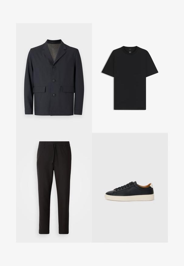 Giacca blu scuro realizzata in tessuto leggero, con colletto a punta, chiusura frontale con cinque bottoni e due tasche frontali, dal tocco morbido.; Maglietta nera a maniche corte realizzata in un morbido misto cotone, con scollatura a girocollo e un design minimalista senza motivi o dettagli.; Pantaloni jogger neri realizzati in tessuto liscio. Presentano una vita elasticizzata con stringa, gambe affusolate e senza tasche visibili. Design semplice.; Sneakers in pelle nera con una texture liscia, suola in gomma beige, design con lacci e un accento del tacco in contrasto.