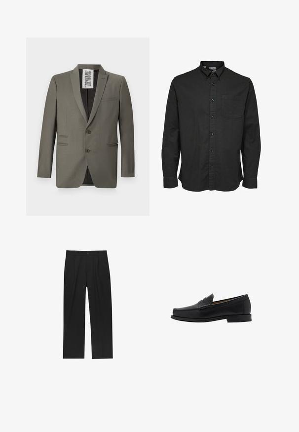 Siv blazer z dodelanim krojem, dvema gumboma, ovratnikom z zobom in stranskimi žepki; gladka tekstura s subtilnim leskom.; Črna srajca z dolgimi rokavi in gumbi iz bombažnega blaga, opremljena z standardnim ovratnikom, sprednjim žepom in ujemajočimi črnimi gumbi.; Črne hlače z ravnim krojem, narejene iz gladkega materiala. Imajo sprednje gube in enojno zaponko na pasu.; Mango Elegantni čevlji brez vezalk - black
