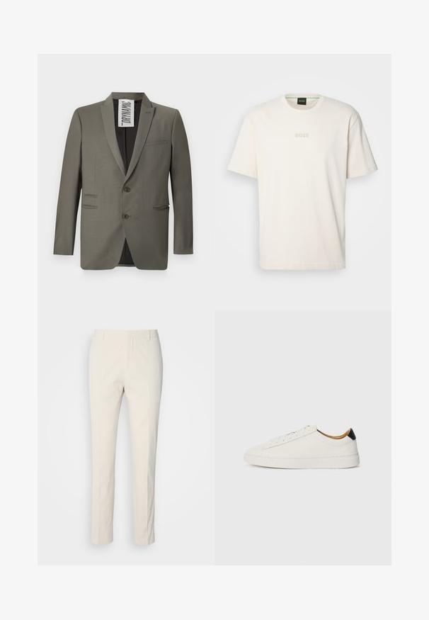 Siv blazer z dodelanim krojem, dvema gumboma, ovratnikom z zobom in stranskimi žepki; gladka tekstura s subtilnim leskom.; BOSS TEE - Navadna majica - open white; Hlače kremaste barve, prirejene po meri, z teksturirano tkanino. Imajo ravno obliko, zanke za pas in dva sprednja žepa. Brez vzorcev.; Bela tenisa s gladkim usnjem, okroglo konico in ravnim podplatom. Črn poudarek na peti, s toniranim vezalkami in minimalnim označevanjem.