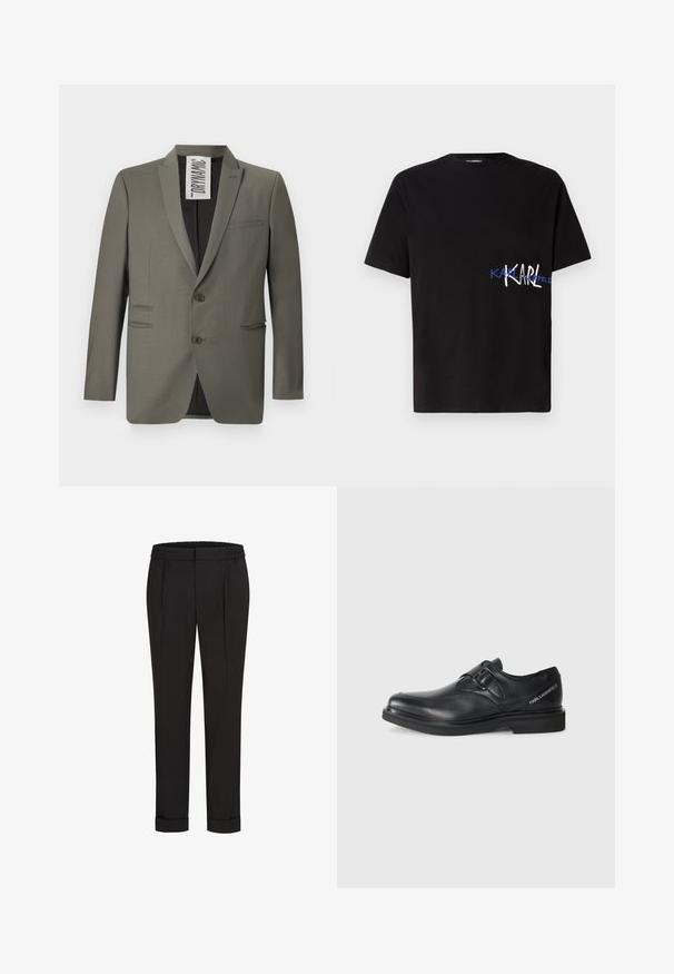 Grå kavaj med en skräddarsydd passform, två knappar, slagkrage och sidofickor; slät textur med en subtil lyster.; Svart bomullströja med korta ärmar, med en grafisk design som har "KARL" i vitt och blått på vänster sida. Crew neck-stil.; Svarta byxor med elastisk midja, med en rak bendesign och uppvikta fållar. Tillverkade av glatta, vävda tyger utan mönster.; Svart lädersko med rundade tår, enspänne detaljer och platt gummisul. Har varumärkeslogotyp på sidan nära hälen.