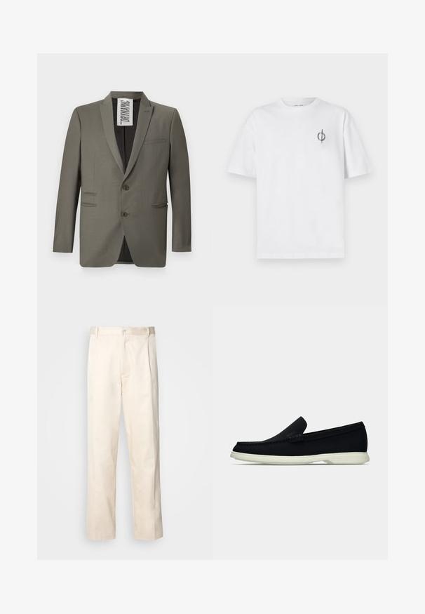 Grå blazer med skreddersydd passform, to knapper, notched lapels og sidelommer; glatt tekstur med en subtil glans.; Hvit bomull t-skjorte med avslappet passform, med en liten svart grafisk logo på venstre brystområde. Korte ermer, rund hals.; Beige bomullsbukser med rett benfatt, med knappelukking og folder foran for ekstra detaljer.; Svart slip-on sko med rund tå, med en teksturert overdel, glatt hvit såle, og en subtil merkevaredetalj på siden.