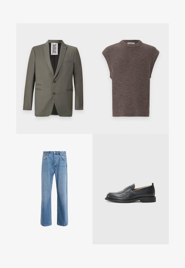 Grå blazer med skreddersydd passform, to knapper, notched lapels og sidelommer; glatt tekstur med en subtil glans.; Brun strikket ermeløs topp med ribbestruktur, høy hals og splitt på sidene. Har en tettsittende hem og myk stoff.; Lys blå denimjeans med rett ben-design, fem lommer, knappeåpning, minimal falming og kontrasterende sømdetaljer.; Sorte lærloafers med en glat overflade, en flad sål og en rund tå med en dekorativ rem over toppen.