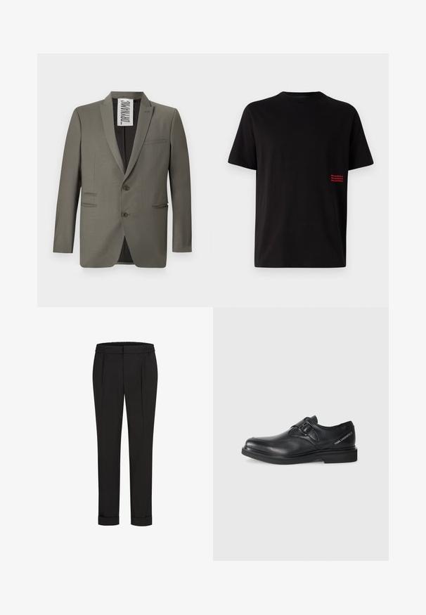 Grå kavaj med en skräddarsydd passform, två knappar, slagkrage och sidofickor; slät textur med en subtil lyster.; Svart kortärmad t-shirt i bomull. Har en liten röd tryckt logotyp på vänster sida. Klassisk rund halsringning, rak passform.; Svarta byxor med elastisk midja, med en rak bendesign och uppvikta fållar. Tillverkade av glatta, vävda tyger utan mönster.; Svart lädersko med rundade tår, enspänne detaljer och platt gummisul. Har varumärkeslogotyp på sidan nära hälen.