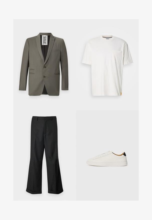 Blazer grigio con una vestibilità su misura, due bottoni, rever a notched e tasche laterali; texture liscia con una leggera lucentezza.; T-shirt bianca in cotone con scollo rotondo, maniche corte e taschino sul lato sinistro del petto. Presenta un piccolo logo su un lato della cucitura.; Pantaloni neri a gamba larga con vita con bottoni e orli risvoltati, esposti su uno sfondo bianco uniforme.; Sneaker bianca con tomaia in pelle liscia, punta rotonda e suola piatta. Accentatura nera sul tallone, con lacci tono su tono e branding minimale.