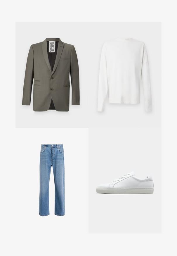 Gray blazer featuring a tailored fit, two buttons, notch lapels, and side pockets; smooth texture with a subtle sheen.; Long-sleeved white cotton shirt with a round neckline, side slits at the bottom, and a smooth texture, displayed from the back.; Light blue denim jeans with a straight-leg design, five pockets, button closure, minimal fading, and contrasting stitching details.; White sneaker with a smooth leather upper and a low profile. Features a rounded toe, six eyelets, and a textured rubber sole.