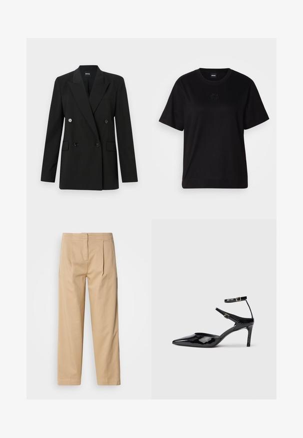 Black double-breasted blazer made of tailored fabric, featuring two front pockets and shiny black buttons. Structured shoulders and a notch lapel.; Black cotton t-shirt with a crew neckline, short sleeves, and an embroidered logo on the chest. Simple, relaxed fit with no patterns.; Beige cotton pants with a relaxed fit, featuring two front pleats, a straight leg, and a classic button closure at the waistband.; Black patent leather heels with a pointed toe, adjustable ankle straps, and a slender heel. Smooth texture with a shiny finish.