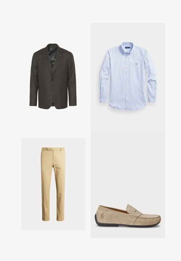 Dark gray wool blazer with a notched lapel, single button closure, two front pockets, and a smooth inner lining.; Light blue and white striped button-up shirt with a classic collar, long sleeves, and a small embroidered logo on the chest.; Khaki chinos made of smooth cotton fabric, featuring a fitted design, front pleats, and cuffs at the ankle for a tapered look.; Beige suede loafers with a stitched detail, flat rubber sole, and a small logo on the side. Classic slip-on design, soft texture.
