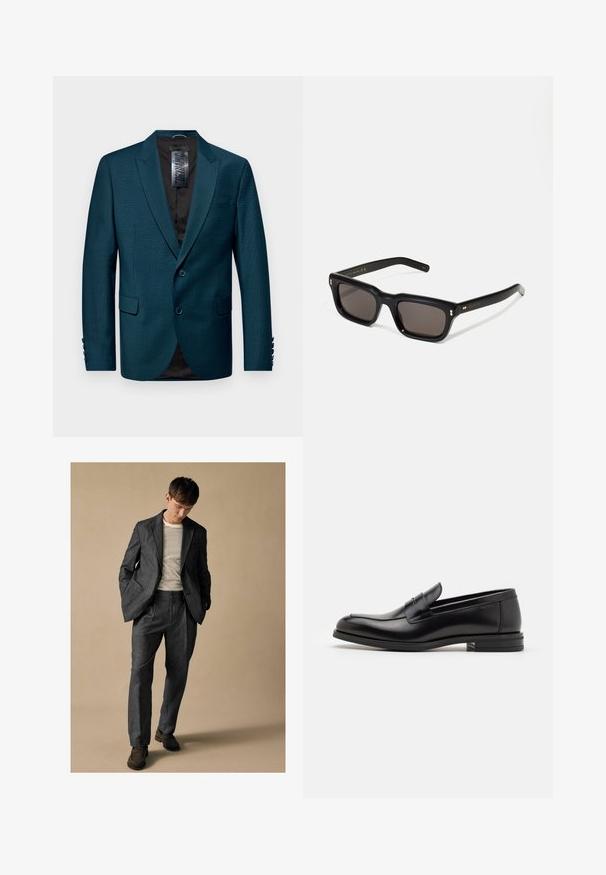 Türkisfarbener Blazer aus strukturiertem Material, mit Reverskragen, Zwei-Knopf-Verschluss und zwei Fronttaschen. Schwarze Fütterung und Knopfakzente an den Ärmeln.; Langärmliges, graues Hemd mit Knopfleiste und Brusttasche, flach auf einem weißen Hintergrund ausgebreitet.; Grauer maßgeschneiderter Anzug mit Schalkragen und Fronttaschen, kombiniert mit einem gestreiften Hemd. Die Hose hat eine lockere Passform und Faltendetails. Braune Schuhe.; Schwarze Lederloafers mit glatter Textur, rundem Zehenbereich und einem dekorativen Riemen über dem Vorderfuß. Niedriger, gestapelter Absatz, minimalistisches Design.; Schwarze rechteckige Sonnenbrille mit dunklen Gläsern, dickem Kunststoffrahmen, goldenen Akzenten an den Bügeln und eingraviertem Markenlogo am Arm.