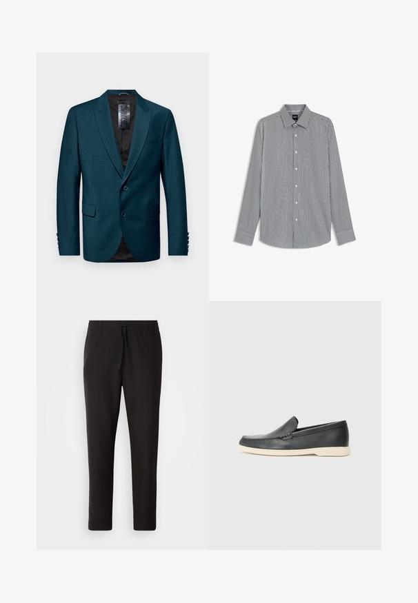 Blazer teal realizzato in tessuto strutturato, con revers a punta, chiusura a due bottoni e due tasche frontali. Fodera nera e dettagli con bottoni sulle maniche.; Camicia a maniche lunghe a righe in navy e bianco, con colletto button-down, bottoni frontali ed maniche con polsini e rifiniture a contrasto.; Pantaloni jogger neri realizzati in tessuto liscio. Presentano una vita elasticizzata con stringa, gambe affusolate e senza tasche visibili. Design semplice.; Mocassini neri in pelle con finitura testurizzata e suola in gomma beige a contrasto. Presentano un accento sottile lungo la parte anteriore.