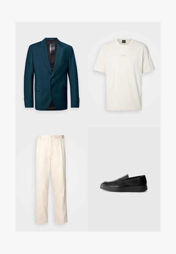 Mėlynas švarkas, pagamintas iš tekstūruoto audinio, su iškirptu atlapu, dviem mygtukų užsegimais ir dviem priekinėmis kišenėmis. Juodas pamušalas ir mygtukų akcentai rankovėse.; BOSS TEE - Paprasti marškinėliai - open white; Bežinės medvilninės kelnės su tiesiu kirpimu, turinčios mygtuko uždarymą ir priekyje raukšles papildomai dekoratyviam akcentui.; Calvin Klein HYBRID CUP - Įmautiniai batai - triple black