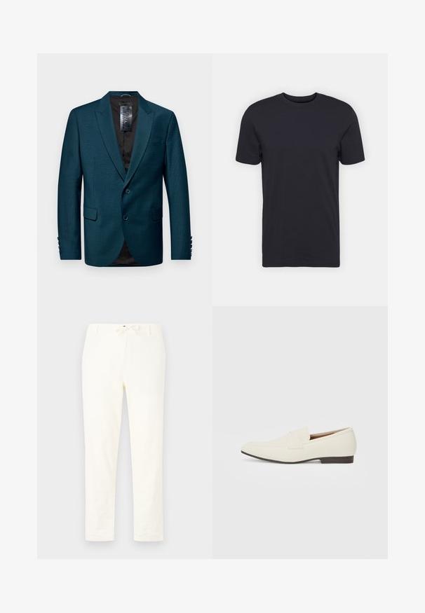 Turkusowa marynarka wykonana z teksturowanej tkaniny, z klapami typu notched, zapięciem na dwa guziki oraz dwiema przednimi kieszeniami. Czarna podszewka i guziki na rękawach.; Czarna bawełniana koszulka, krótkie rękawy, okrągły dekolt, jednolity kolor, lekki materiał, gładka faktura, bez widocznych wzorów ani grafik.; Białe, lekkie spodnie lniane z elastycznym pasem. Prosta nogawka, minimalna tekstura i brak widocznych wzorów czy detali hardware.; Jasne beżowe mokasyny z wąskim noskiem, gładkim materiałem, paskiem na wierzchu stopy oraz niską brązową podeszwą. Prosty design z minimalnymi akcentami.