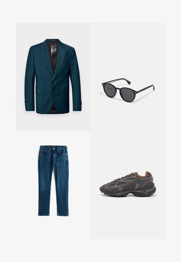 Blazer teal realizzato in tessuto strutturato, con revers a punta, chiusura a due bottoni e due tasche frontali. Fodera nera e dettagli con bottoni sulle maniche.; T-shirt a maniche lunghe nera in cotone, con scollatura rotonda e un piccolo logo di coccodrillo ricamato in verde sul lato sinistro del petto.; Jeans in denim blu scuro, design a gamba dritta, stile a cinque tasche, con leggero effetto whiskering e cuciture a contrasto, chiusura con bottone metallico e zip.; Sneaker Lacoste grigie scure in materiale mesh e sintetico, con suola testurizzata e dettagli marroni sul colletto e sul branding.; BOSS Occhiali da sole - black