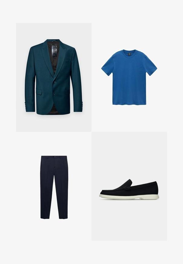 Turkusowa marynarka wykonana z teksturowanej tkaniny, z klapami typu notched, zapięciem na dwa guziki oraz dwiema przednimi kieszeniami. Czarna podszewka i guziki na rękawach.; Niebieska bawełniana koszulka, krótki rękaw, okrągły dekolt, jednolity kolor, gładka tekstura, proste wykończenie, bez wzorów ani ozdób.; Granatowe spodnie uszyte z gładkiego materiału, o prostym kroju, z klasycznym pasem i guzikiem oraz delikatnymi kieszeniami bocznymi.; Czarny pantofel wsuwany z okrągłym noskiem, charakteryzujący się teksturowanym wierzchem, gładką białą podeszwą oraz subtelnym detalem z logo po boku.