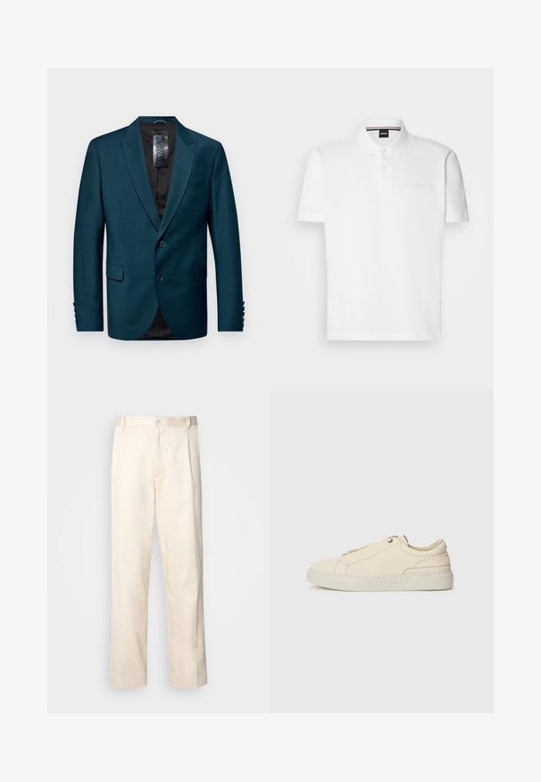 Blazer teal en tissu texturé, avec un col cranté, une fermeture à deux boutons et deux poches frontales. Doublure noire et accents de bouton sur les manches.; Polo shirt blanc en mélange de coton et polyester, doté d'un col, d'une patte de boutonnage à deux boutons et d'un logo brodé discret sur la poitrine.; Pantalon en coton beige avec une coupe droite, présentant une fermeture à bouton et des plis sur le devant pour plus de détails.; Baskets en cuir beige avec une toe arrondie, un design minimaliste, des détails de couture subtils et une tige texturée, sur une semelle claire.