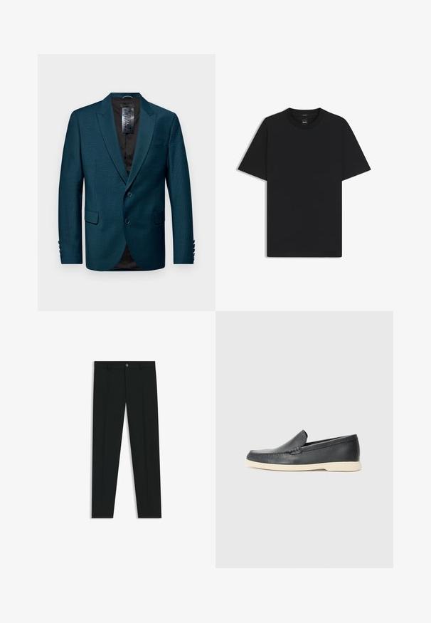 Teal bleiseri, joka on valmistettu teksturoituneesta kankaasta, ja jossa on lovetut kaulukset, kaksipainikekiinnitys ja kaksi etutaskua. Musta vuori ja nappikoristeet hihoissa.; Musta lyhythiha T-paita, joka on valmistettu sileästä puuvillasekoitteesta. Paita on varustettu pyöreällä pääntiehen ja siinä on minimaalinen muotoilu ilman kuvioita tai yksityiskohtia.; Musta housut, joissa on suora lahje, valmistettu sileästä kankaasta. Edessä nappisulku ja vyölenkit. Yksinkertainen ilman kuvioita.; Mustat nahkakengät ilman nauhoja, joissa on teksturoitu pinta ja kontrastoiva beige kumipohja. Kengissä on hillitty yksityiskohta etuosassa.