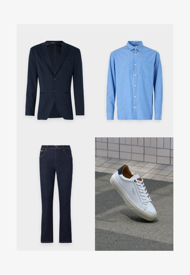Granatowa marynarka z klapami o prostokątnym kształcie, z dwoma guzikami z przodu i jedną kieszenią na piersi, wykonana z gładkiego materiału. Dopasowany krój.; Niebieska i biała w paski koszula z długim rękawem, zapinana na guziki, z klasycznym kołnierzykiem i jedną kieszonką na piersi. Wykonana z miękkiej bawełny.; Granatowe dżinsy o prostym kroju nogawki, z pomarańczowymi przeszyciami, pięcioma kieszeniami i zapięciem na guzik w talii.; Białe skórzane trampki z granatowym piętkiem, okrągłym noskiem i kontrastowymi brązowymi akcentami. Posiadają płaskie sznurówki i teksturowaną gumową podeszwę.