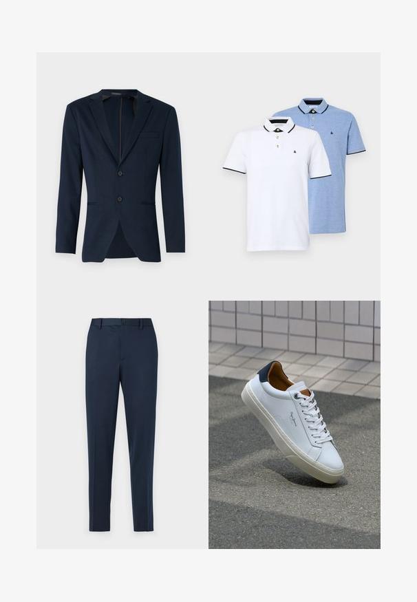 Blazer bleumarin cu rever tăiat, două butoane frontale și un singur buzunar pe piept, realizat dintr-un material neted. Croială ajustată.; Două cămăși polo: una albă cu accente negre, cealaltă bleu deschis melanj. Fiecare are un guler și un închizător cu două butoane, cu logo.; Pantaloni bleumarin, adaptați, cu croi drept, având închidere cu nasture și bucle pentru curea. Construiti dintr-un material neted și ușor.; Adidași din piele albă cu călcâi bleumarin, vârf rotund și accente contrastante de culoare maro. Dispun de șireturi plate și talpă din cauciuc texturat.