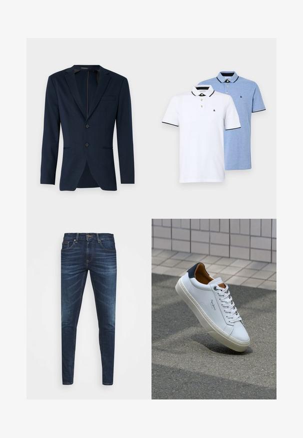 Tumesinine blazer, millel on nööpauk ja kaks eesmist nööpi, ning üks rinnatasku, valmistatud siledast kangast. Kohandatud lõige.; Kaks polo särki: üks valge mustade aktsentidega, teine helesinine melange. Igal särgil on krae ja kahe nupuga avaus koos logoga.; Tumedat sinised teksad kitsas lõikes, kerge kulumisega, viie taskuga ja metallnööbiga sulgemine. Õmmeldud aktsendid kontrastsetes värvides.; Valge nahast tennis, millel on tumesinine konts, ümmargune nina ja kontrastsed pruuni aktsendid. Omab lamepaelti ja tekstureeritud kummist tallat.