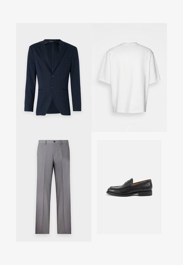 Navyblauwe blazer met een gelapte revers, twee voorknopjes en een enkele borstzak, gemaakt van een gladde stof. Aangesloten pasvorm.; Witte t-shirt met korte mouwen, losse fit, ronde halslijn, gladde katoenen stof, ongeversierde achterkant, rechte zoom, geen patronen of accenten.; Grijze op maat gemaakte broek met een platte voorkant, twee zijzakken en een enkele knoopsluiting. Glad textuur met een subtiel streepjespatroon.; Zwarte leren loafers met een gladde afwerking, ronde neus en decoratieve stiksels op de wreef. Lage gestapelde hak en een lichte glans.